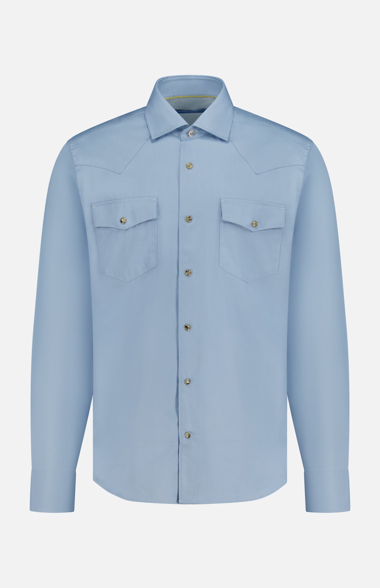 The ROBERT TALBOTT McQueen Western Cashmere Twill Shirt features a light blue hue, long sleeves, pointed collar, two flap chest pockets with buttons, and visible stitching. Shown on a plain white background.