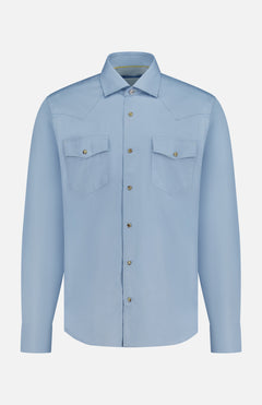 The ROBERT TALBOTT McQueen Western Cashmere Twill Shirt features a light blue hue, long sleeves, pointed collar, two flap chest pockets with buttons, and visible stitching. Shown on a plain white background.