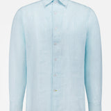 The ROBERT TALBOTT Morgan Medium Stripe Linen Shirt, in light blue with subtle white vertical stripes, features long sleeves, a pointed collar, and buttoned cuffs—crafted for effortless summer style on a plain white background.