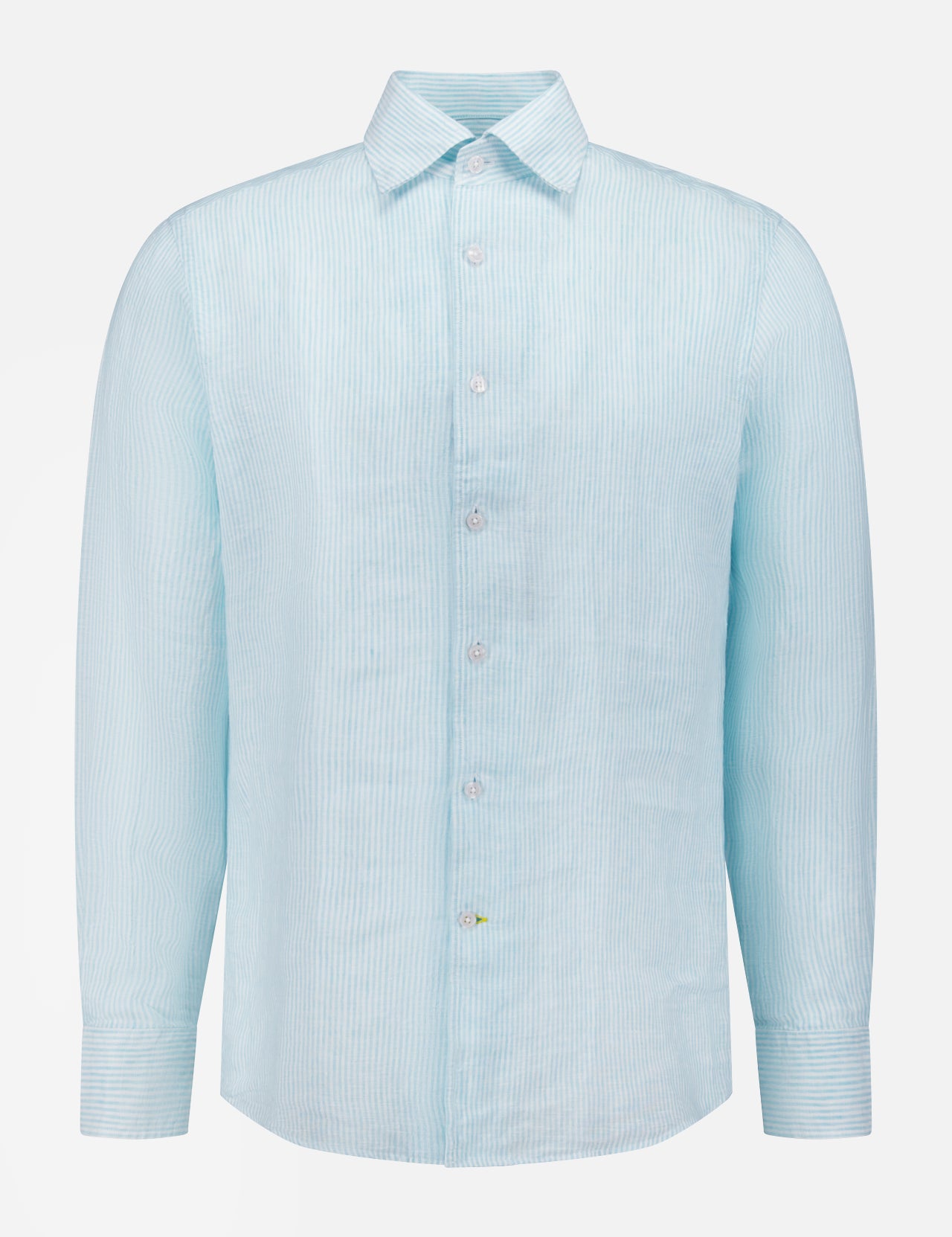 The ROBERT TALBOTT Morgan Medium Stripe Linen Shirt, in light blue with subtle white vertical stripes, features long sleeves, a pointed collar, and buttoned cuffs—crafted for effortless summer style on a plain white background.