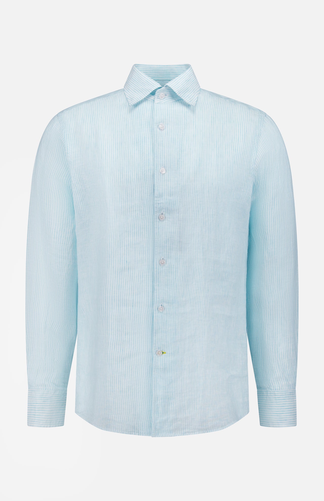 The ROBERT TALBOTT Morgan Medium Stripe Linen Shirt, in light blue with subtle white vertical stripes, features long sleeves, a pointed collar, and buttoned cuffs—crafted for effortless summer style on a plain white background.