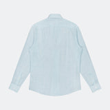 The ROBERT TALBOTT Morgan Medium Stripe Linen Shirt features long sleeves, a classic collar, and buttoned cuffs in light blue with stripes, shown from the back on a plain white background—ideal for effortless summer style.