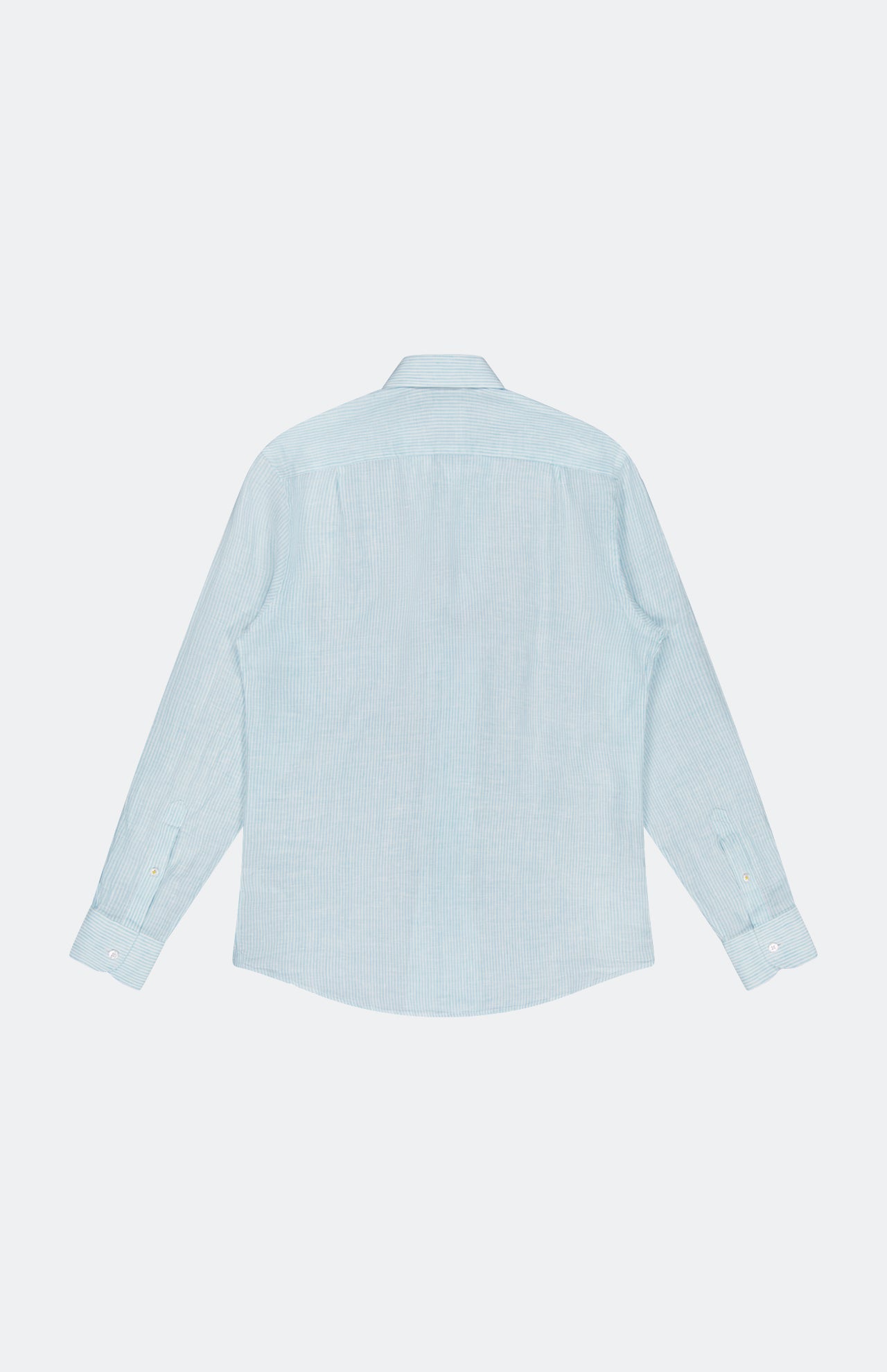 The ROBERT TALBOTT Morgan Medium Stripe Linen Shirt features long sleeves, a classic collar, and buttoned cuffs in light blue with stripes, shown from the back on a plain white background—ideal for effortless summer style.