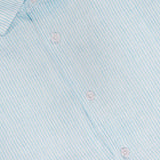Close-up of the Morgan Medium Stripe Linen Shirt by ROBERT TALBOTT, featuring aqua stripes in light blue and white linen, three white buttons, and a partially shown collar—ideal for effortless summer style.