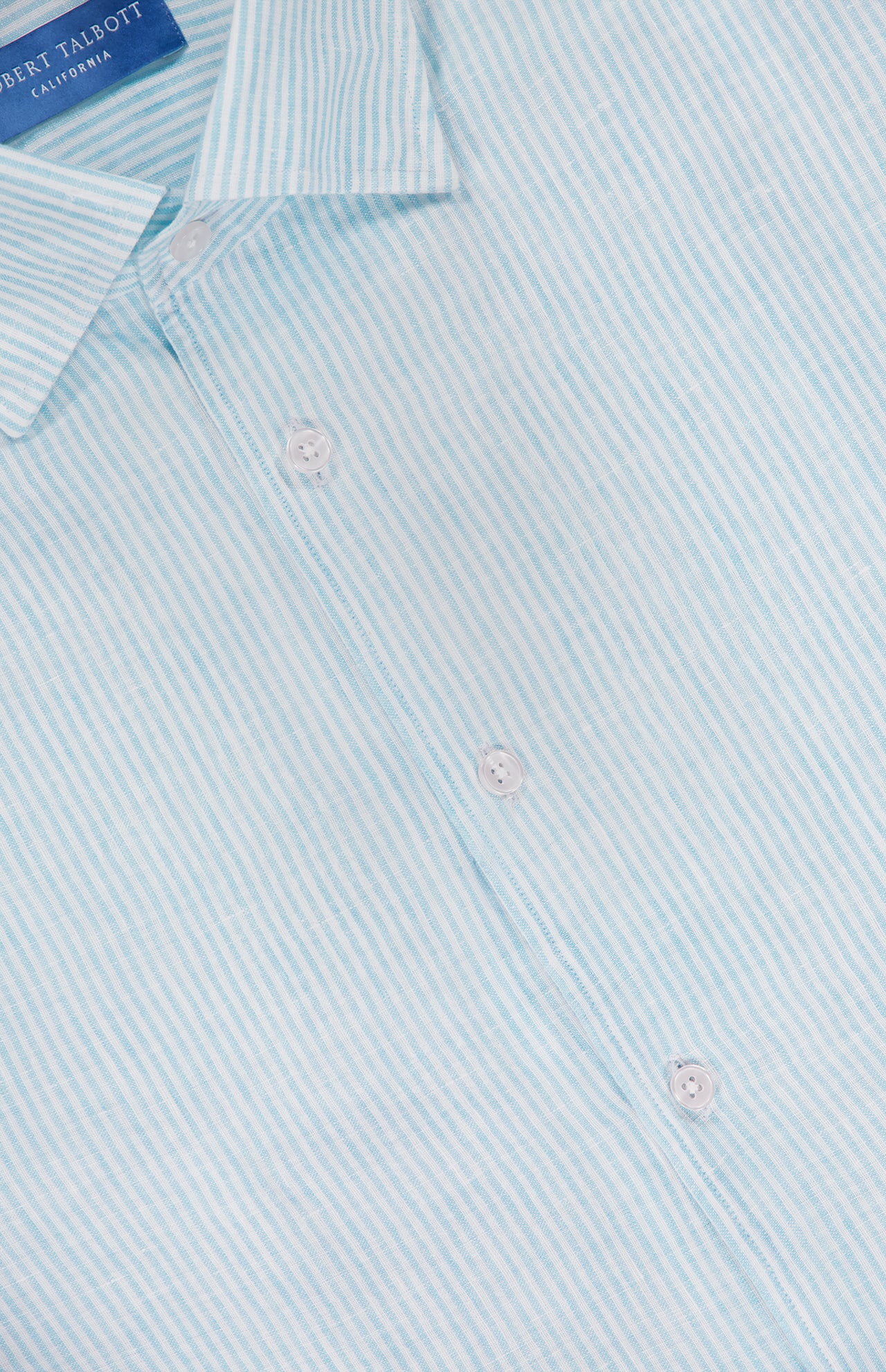Close-up of the Morgan Medium Stripe Linen Shirt by ROBERT TALBOTT, featuring aqua stripes in light blue and white linen, three white buttons, and a partially shown collar—ideal for effortless summer style.