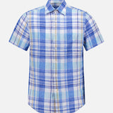 The ROBERT TALBOTT Morgan Short Sleeve Plaid Linen Shirt features a lightweight blue design with white and light green accents, shown against a plain white background.