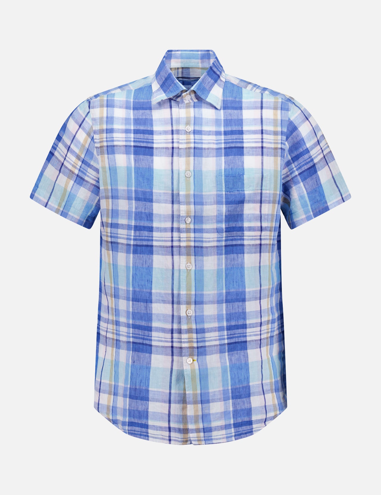 The ROBERT TALBOTT Morgan Short Sleeve Plaid Linen Shirt features a lightweight blue design with white and light green accents, shown against a plain white background.