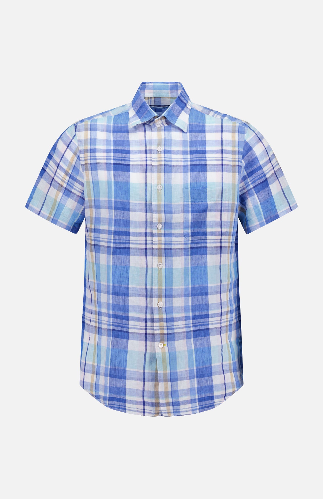 The ROBERT TALBOTT Morgan Short Sleeve Plaid Linen Shirt features a lightweight blue design with white and light green accents, shown against a plain white background.