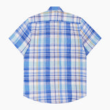 The ROBERT TALBOTT Morgan Short Sleeve Plaid Linen Shirt is shown laid flat, back side up, featuring a blue, green, yellow, and white plaid pattern.