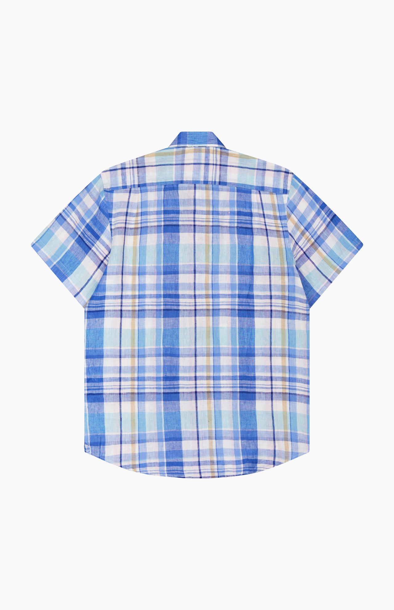 The ROBERT TALBOTT Morgan Short Sleeve Plaid Linen Shirt is shown laid flat, back side up, featuring a blue, green, yellow, and white plaid pattern.