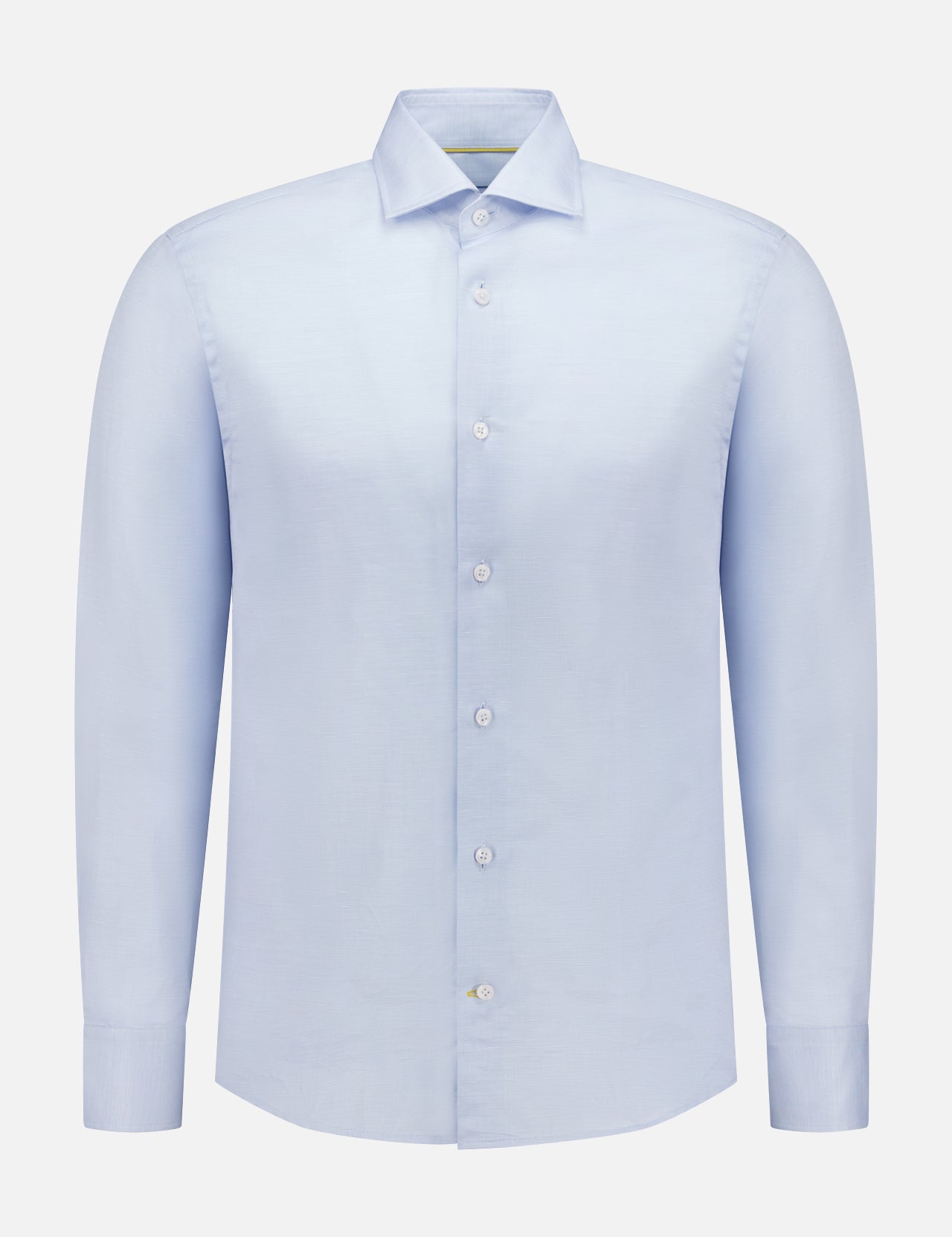 The ROBERT TALBOTT Reynolds Contemporary Cotton Linen Dress Shirt features a light blue hue, long sleeves, classic collar, and white buttons—perfect for business casual—shown on a plain white background.