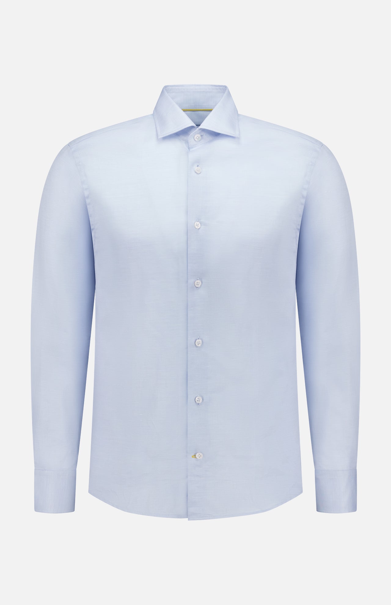 The ROBERT TALBOTT Reynolds Contemporary Cotton Linen Dress Shirt features a light blue hue, long sleeves, classic collar, and white buttons—perfect for business casual—shown on a plain white background.