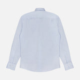 The ROBERT TALBOTT Reynolds Contemporary Cotton Linen Dress Shirt is shown from the back in light blue, featuring long sleeves, buttoned cuffs, a collar, and a curved hem, made from a soft cotton-linen blend against a white background.