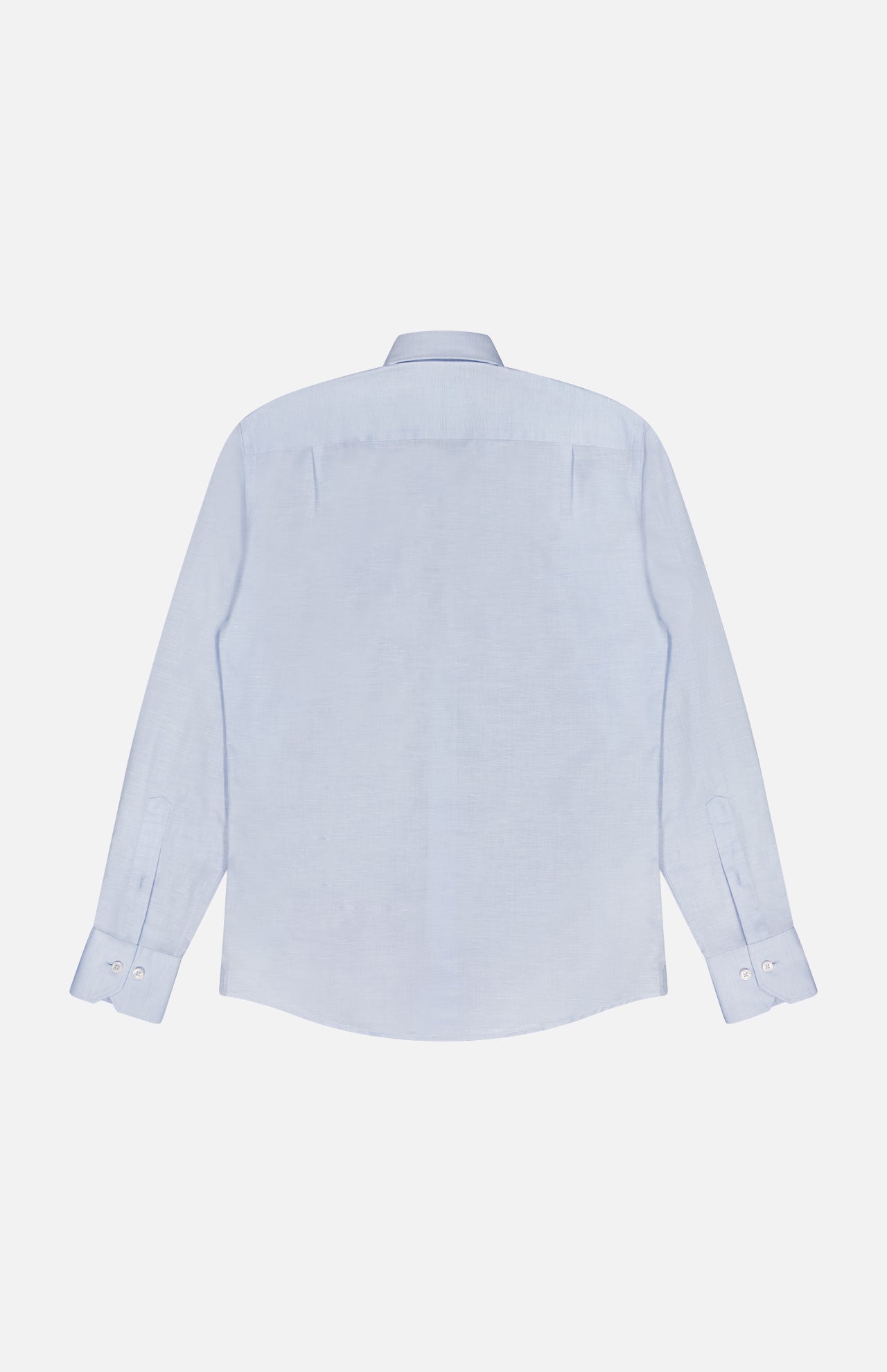 The ROBERT TALBOTT Reynolds Contemporary Cotton Linen Dress Shirt is shown from the back in light blue, featuring long sleeves, buttoned cuffs, a collar, and a curved hem, made from a soft cotton-linen blend against a white background.