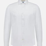The ROBERT TALBOTT Reynolds Contemporary Cotton Linen Dress Shirt is a classic white, long-sleeve button-up with a timeless collar—ideal for business casual. Shown on a white background.