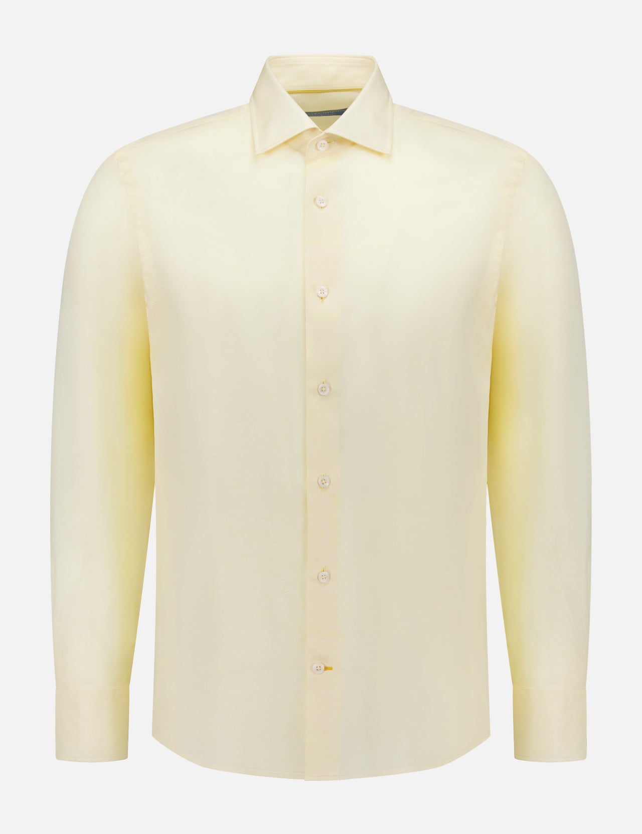 The ROBERT TALBOTT Reynolds Contemporary Cotton Linen Dress Shirt in butter yellow features long sleeves, a button-up front, and classic collar—ideal for stylish business casual looks, shown on a plain white background.