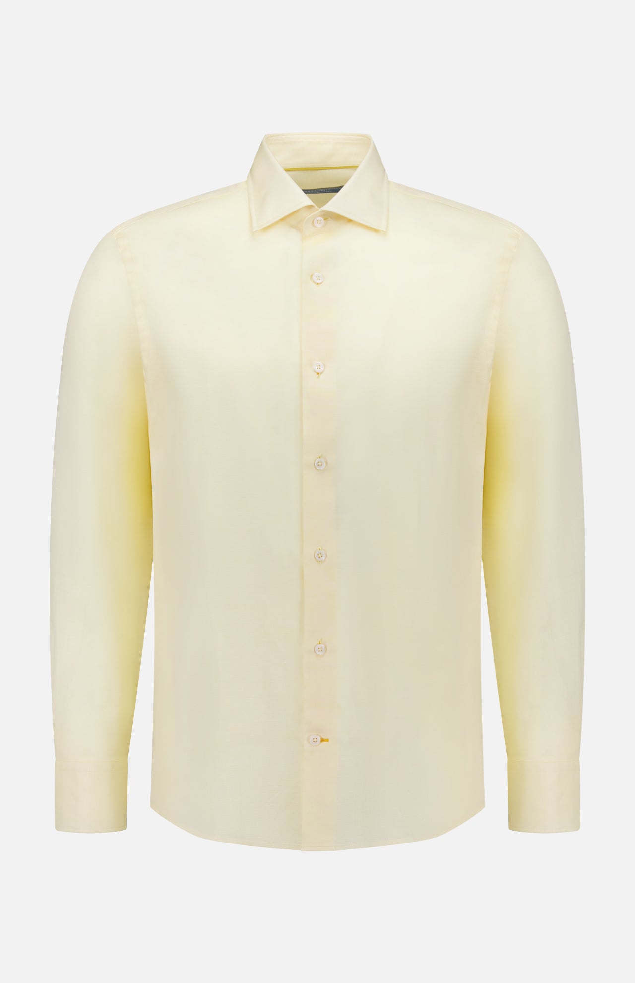 The ROBERT TALBOTT Reynolds Contemporary Cotton Linen Dress Shirt in butter yellow features long sleeves, a button-up front, and classic collar—ideal for stylish business casual looks, shown on a plain white background.
