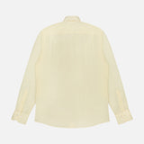A back view of the ROBERT TALBOTT Reynolds Contemporary Cotton Linen Dress Shirt in butter yellow, featuring long sleeves, a classic collar, and buttoned cuffs, displayed against a plain white background.