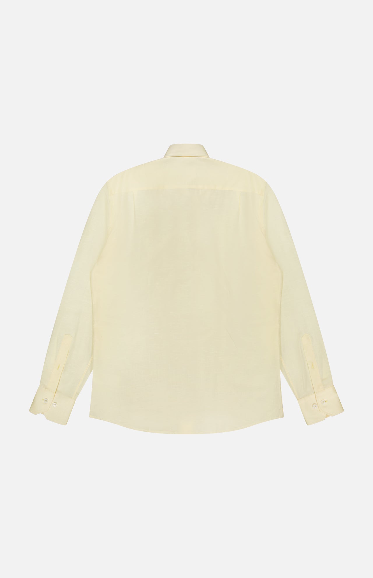 A back view of the ROBERT TALBOTT Reynolds Contemporary Cotton Linen Dress Shirt in butter yellow, featuring long sleeves, a classic collar, and buttoned cuffs, displayed against a plain white background.