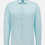 The ROBERT TALBOTT Reynolds Windowpane Cotton Linen Dress Shirt features a light blue windowpane pattern, classic collar, and long sleeves, crafted from a comfortable cotton-linen blend and shown on a plain white background.