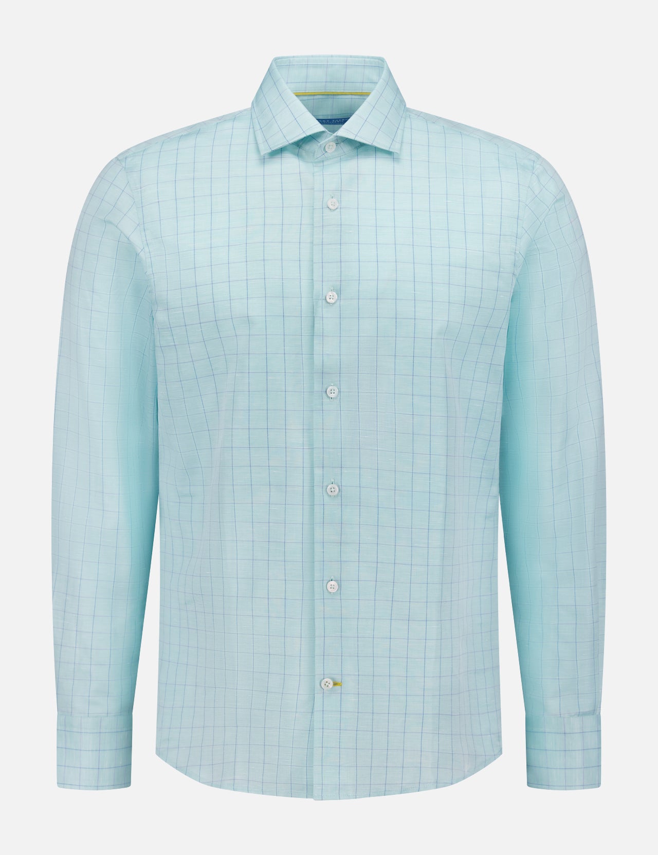 The ROBERT TALBOTT Reynolds Windowpane Cotton Linen Dress Shirt features a light blue windowpane pattern, classic collar, and long sleeves, crafted from a comfortable cotton-linen blend and shown on a plain white background.