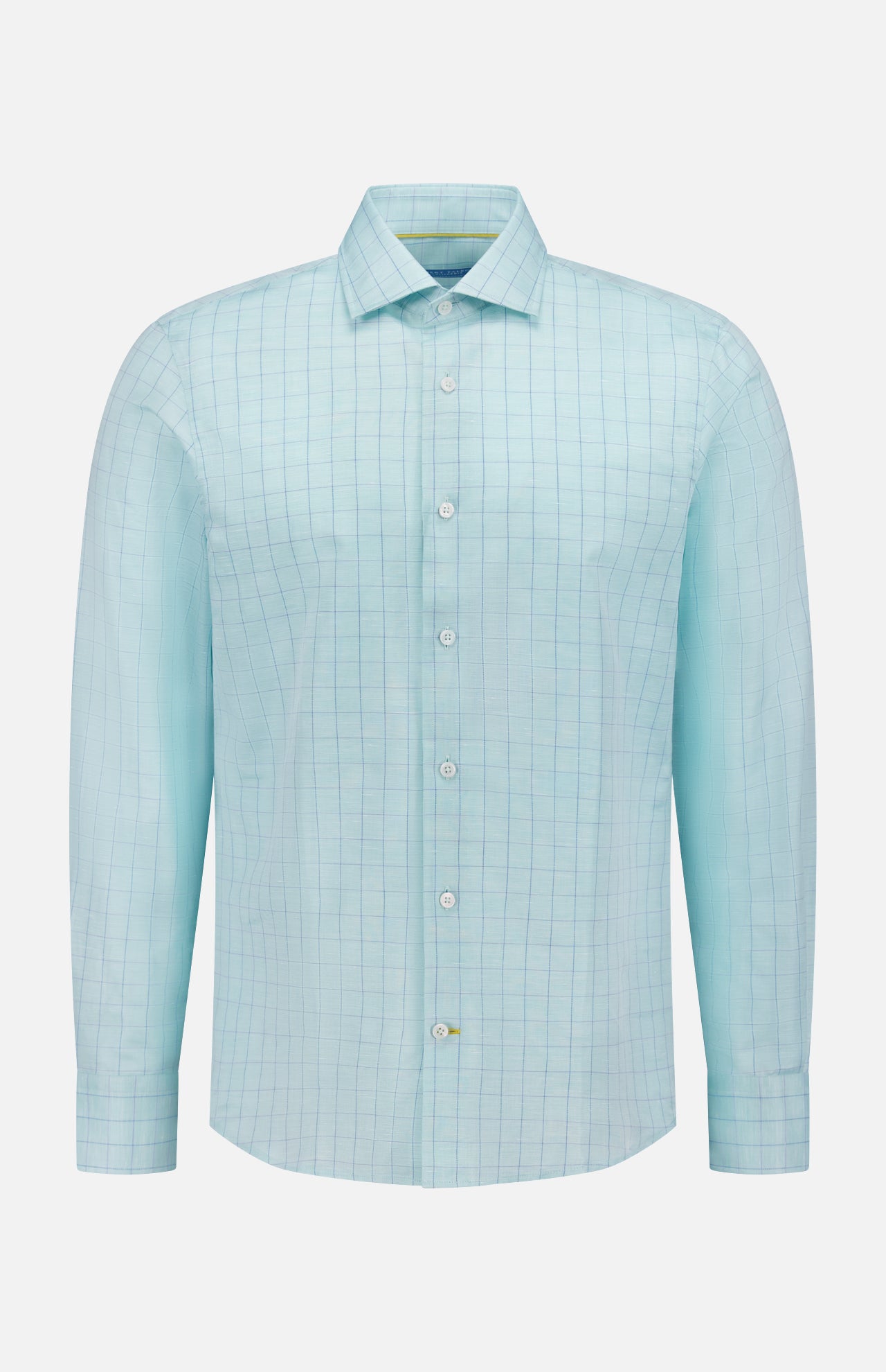 The ROBERT TALBOTT Reynolds Windowpane Cotton Linen Dress Shirt features a light blue windowpane pattern, classic collar, and long sleeves, crafted from a comfortable cotton-linen blend and shown on a plain white background.