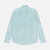 The ROBERT TALBOTT Reynolds Windowpane Cotton Linen Dress Shirt in light blue features long sleeves, a subtle windowpane pattern, and button-up design. Shown laid flat, back facing up, on a plain white background.