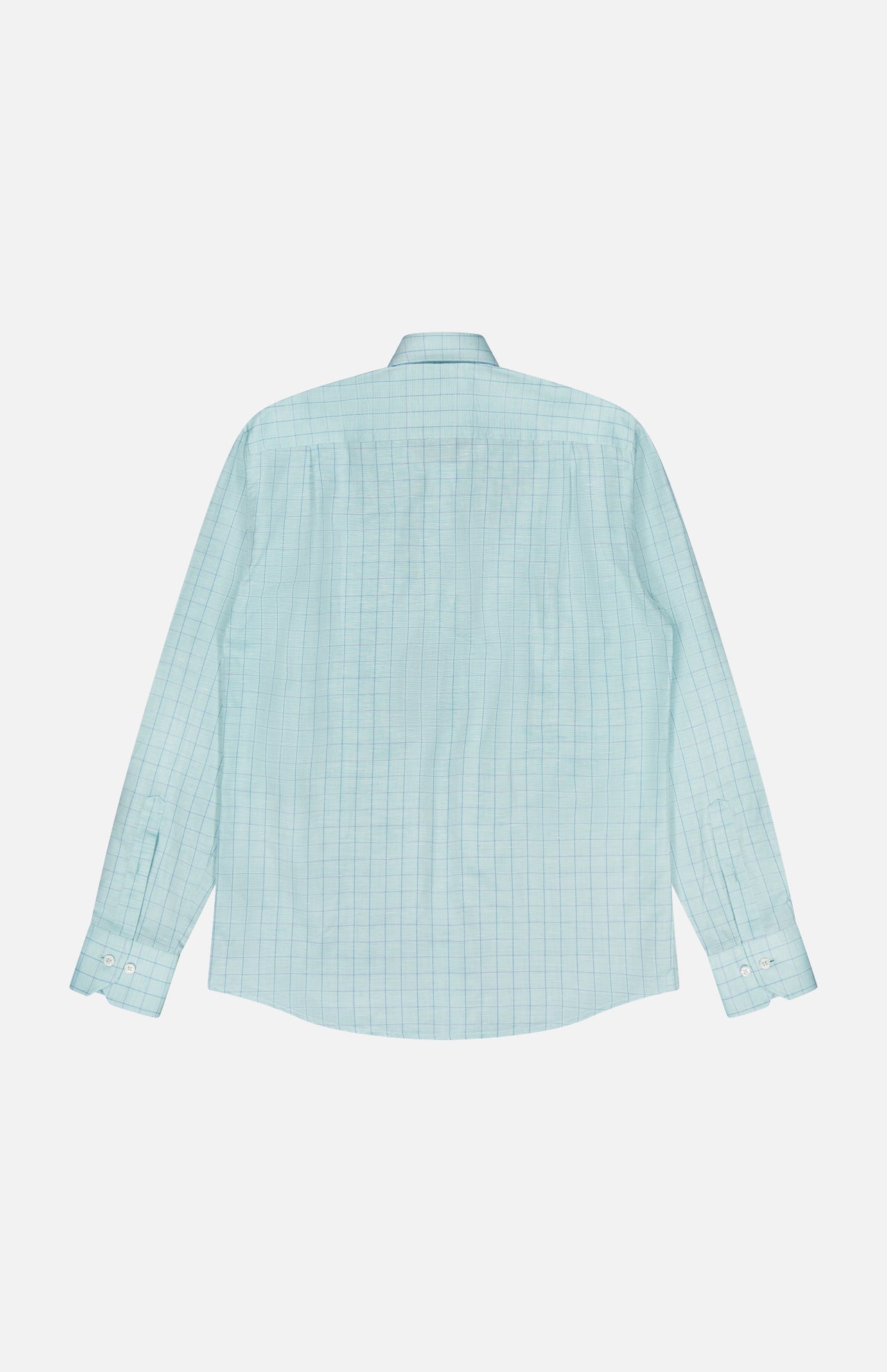 The ROBERT TALBOTT Reynolds Windowpane Cotton Linen Dress Shirt in light blue features long sleeves, a subtle windowpane pattern, and button-up design. Shown laid flat, back facing up, on a plain white background.