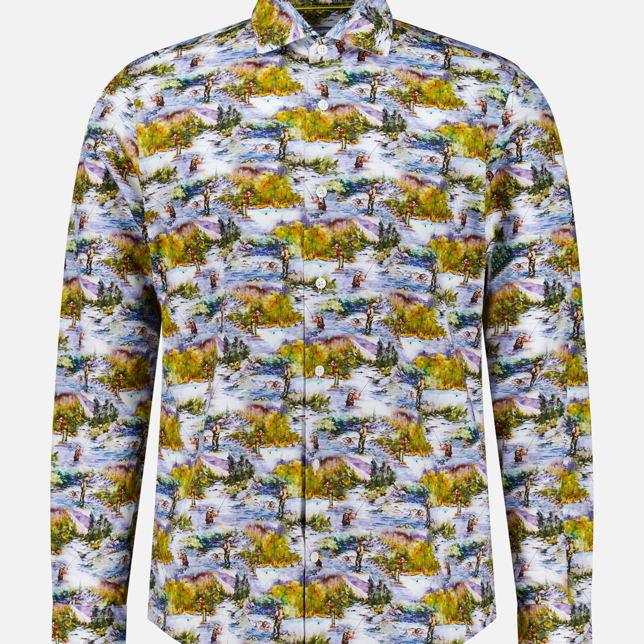 The Reynolds Fishing Scene Dress Shirt by ROBERT TALBOTT is a long-sleeve button-up crafted from soft Italian cotton, featuring a vibrant nature print with trees, water, and greenery. Designed with a pointed collar, this shirt is shown against a white background.