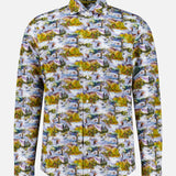 The Reynolds Fishing Scene Dress Shirt by ROBERT TALBOTT is a long-sleeve button-up crafted from soft Italian cotton, featuring a vibrant nature print with trees, water, and greenery. Designed with a pointed collar, this shirt is shown against a white background.