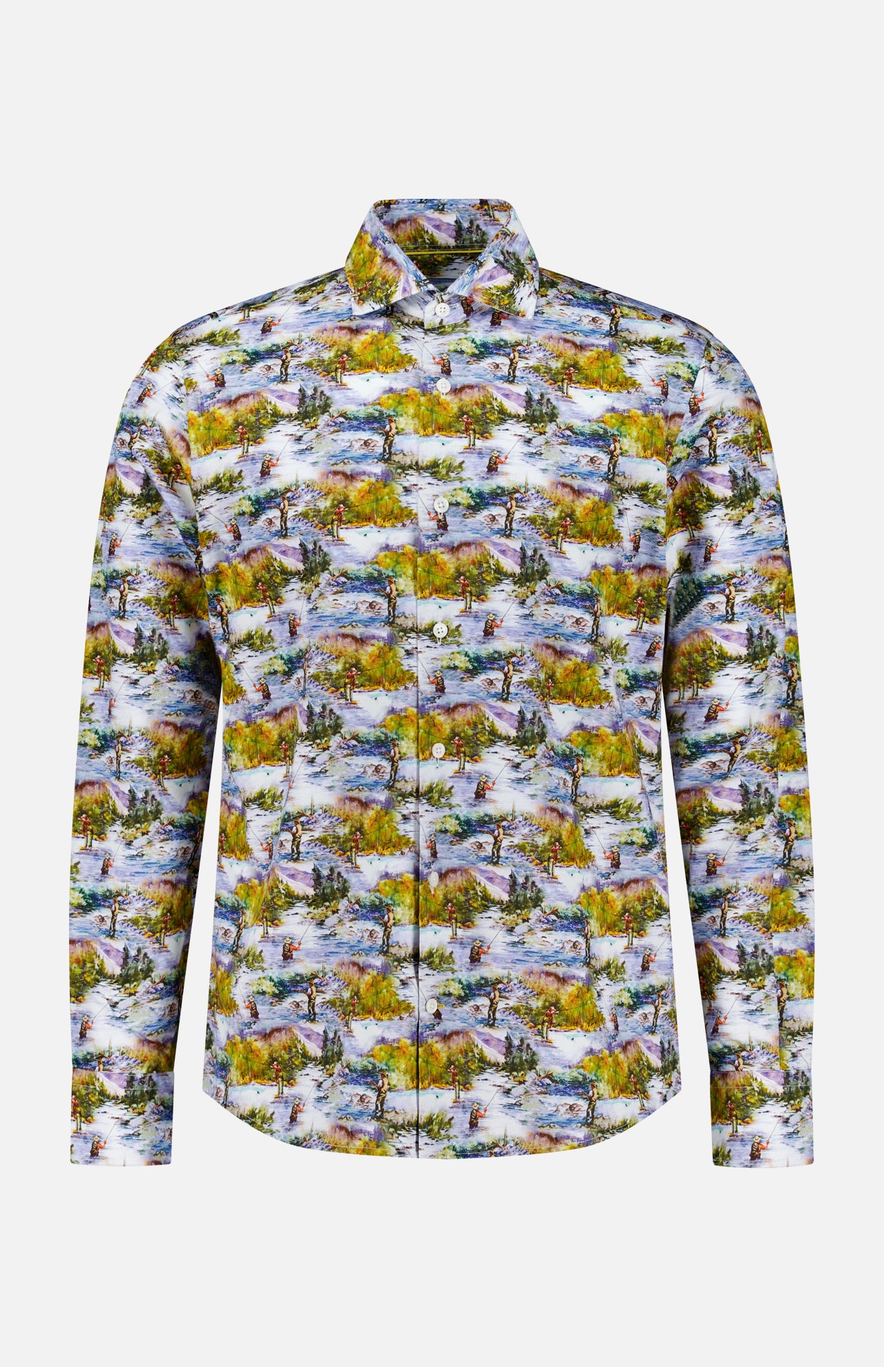 The Reynolds Fishing Scene Dress Shirt by ROBERT TALBOTT is a long-sleeve button-up crafted from soft Italian cotton, featuring a vibrant nature print with trees, water, and greenery. Designed with a pointed collar, this shirt is shown against a white background.