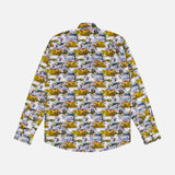 The ROBERT TALBOTT Reynolds Fishing Scene Dress Shirt is crafted from premium Italian cotton and features a vibrant, repeating nature scene pattern with trees, water, and animals. The long-sleeve button-up shirt is displayed laid flat, back facing up, on a plain white background.