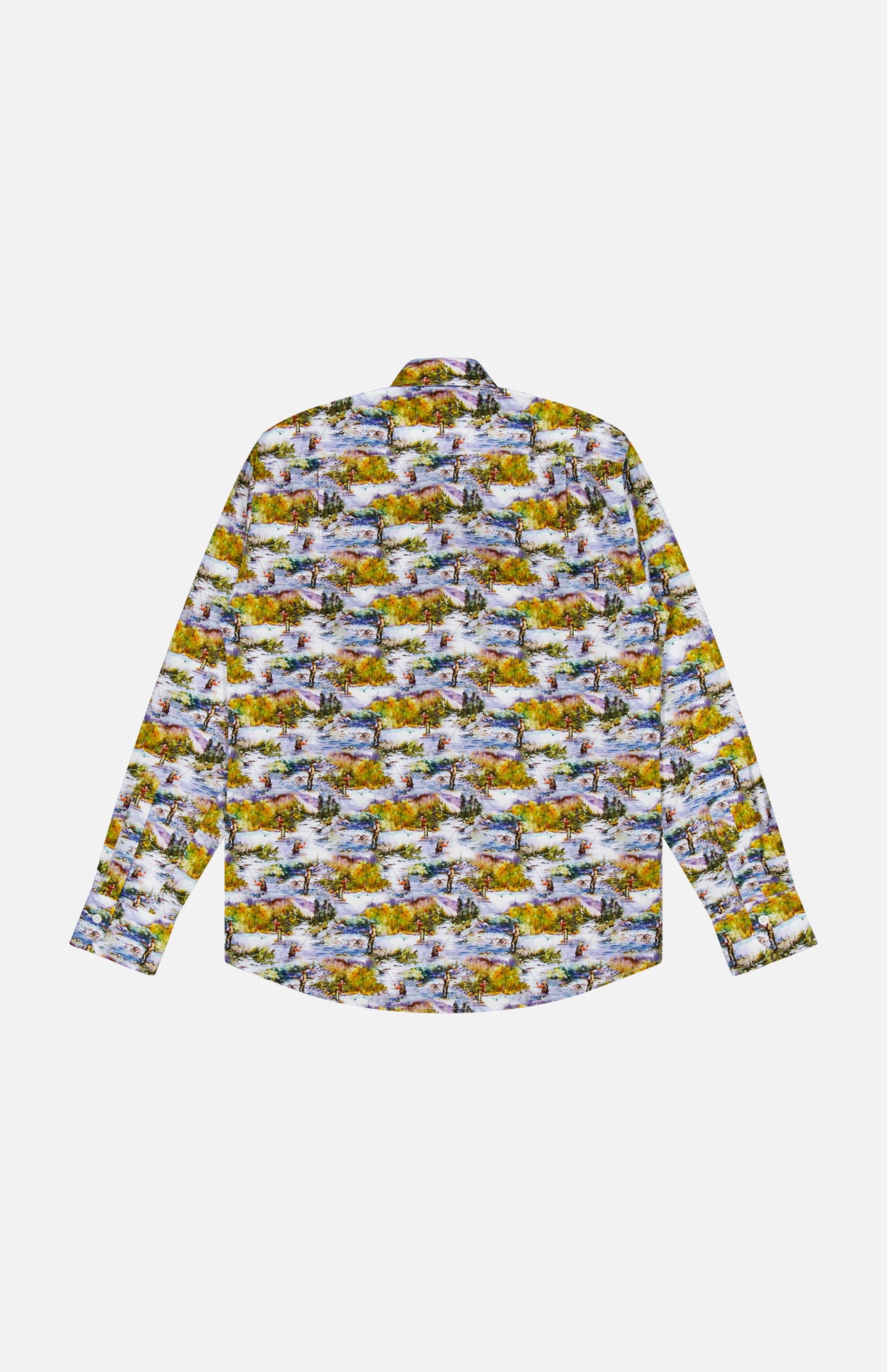 The ROBERT TALBOTT Reynolds Fishing Scene Dress Shirt is crafted from premium Italian cotton and features a vibrant, repeating nature scene pattern with trees, water, and animals. The long-sleeve button-up shirt is displayed laid flat, back facing up, on a plain white background.