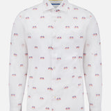 The Reynolds Flag Coupe Twill Dress Shirt by ROBERT TALBOTT is a white, long-sleeve shirt featuring an all-over small American flag print—ideal for everyday wear.