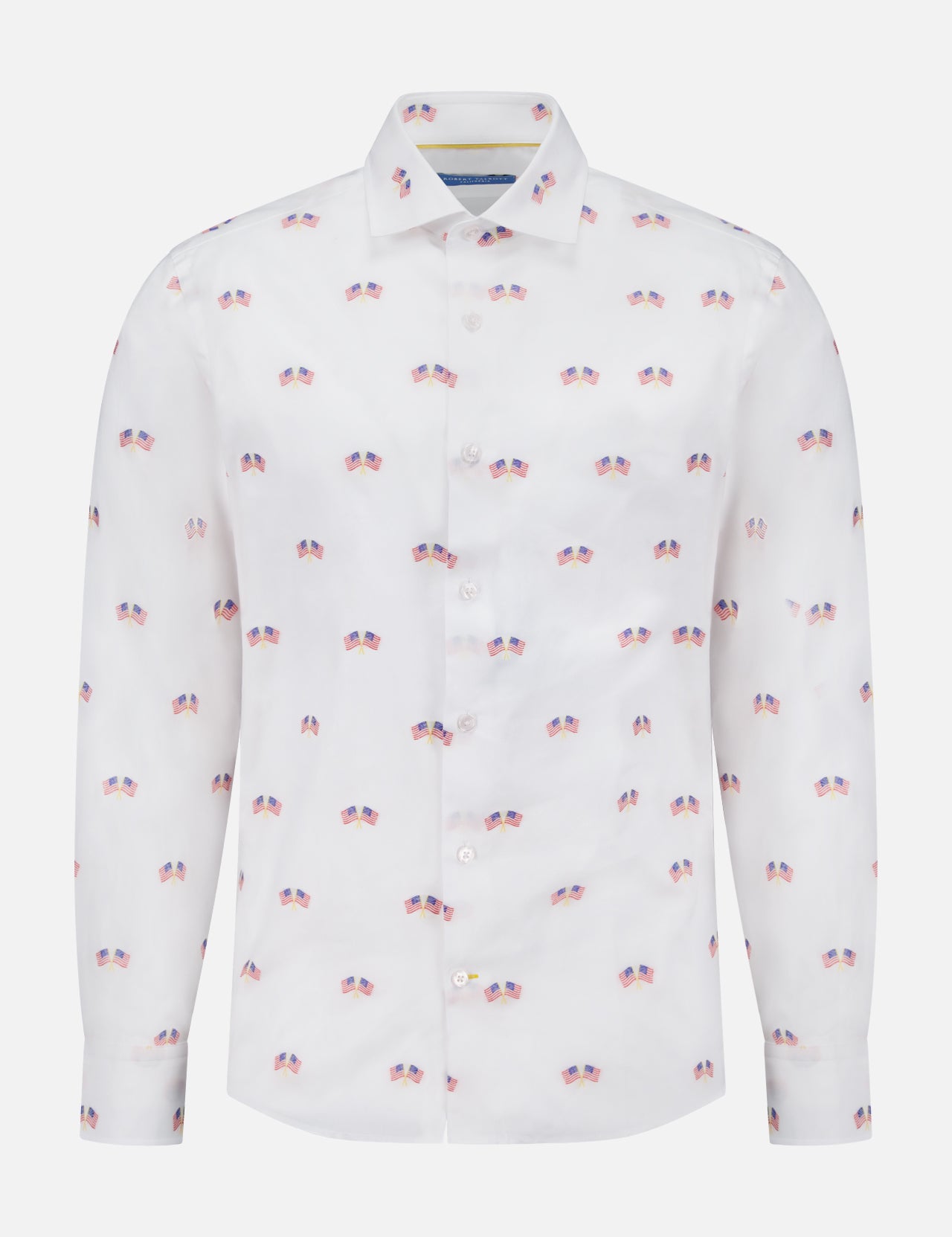 The Reynolds Flag Coupe Twill Dress Shirt by ROBERT TALBOTT is a white, long-sleeve shirt featuring an all-over small American flag print—ideal for everyday wear.