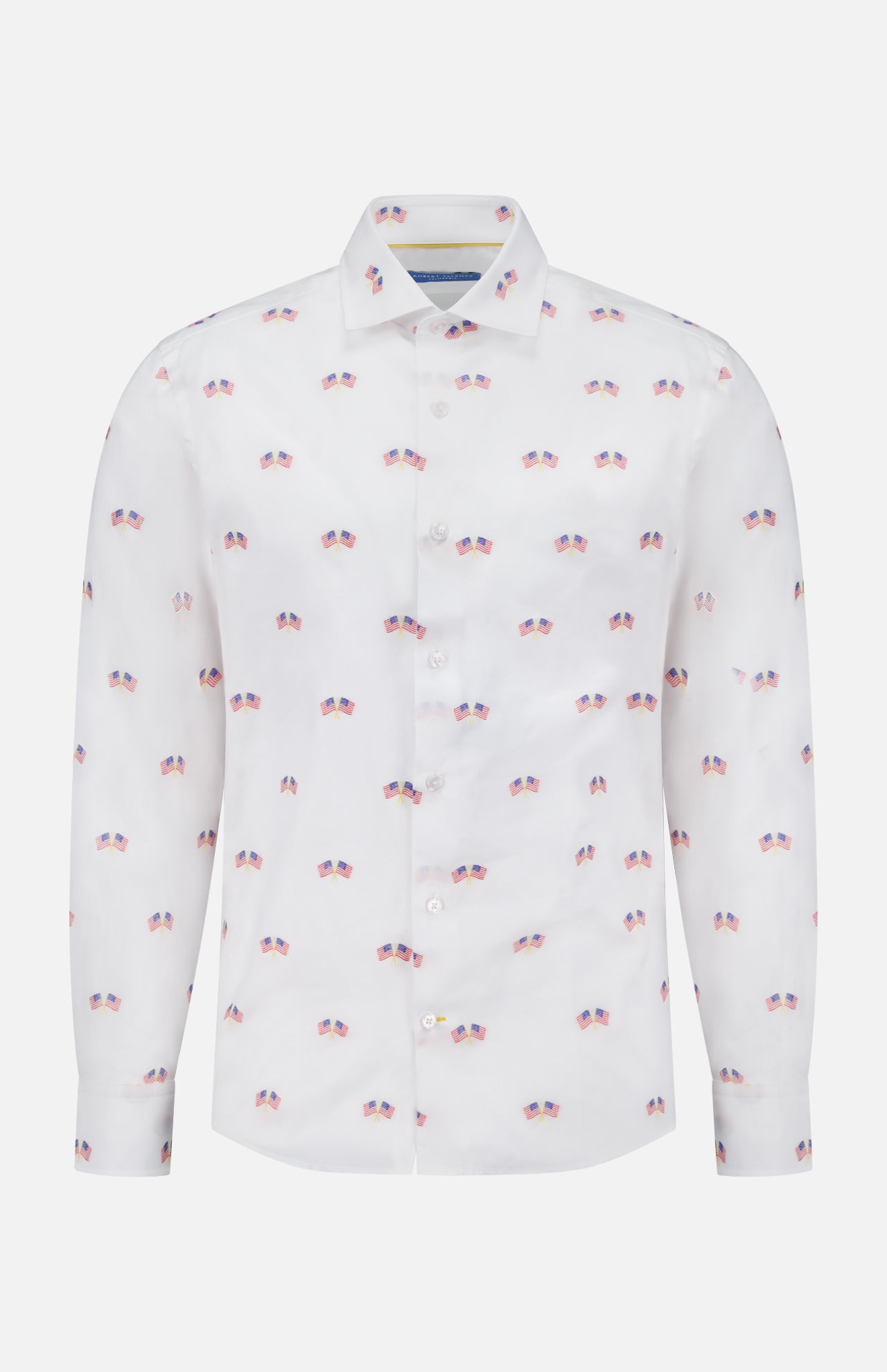 The Reynolds Flag Coupe Twill Dress Shirt by ROBERT TALBOTT is a white, long-sleeve shirt featuring an all-over small American flag print—ideal for everyday wear.