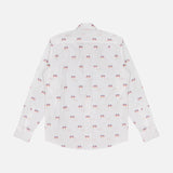 The Reynolds Flag Coupe Twill Dress Shirt by ROBERT TALBOTT is a white, long-sleeve shirt with a fun red and blue sunglasses pattern, echoing an American flag theme—ideal for daily wear. Shown laid flat with the back facing up.