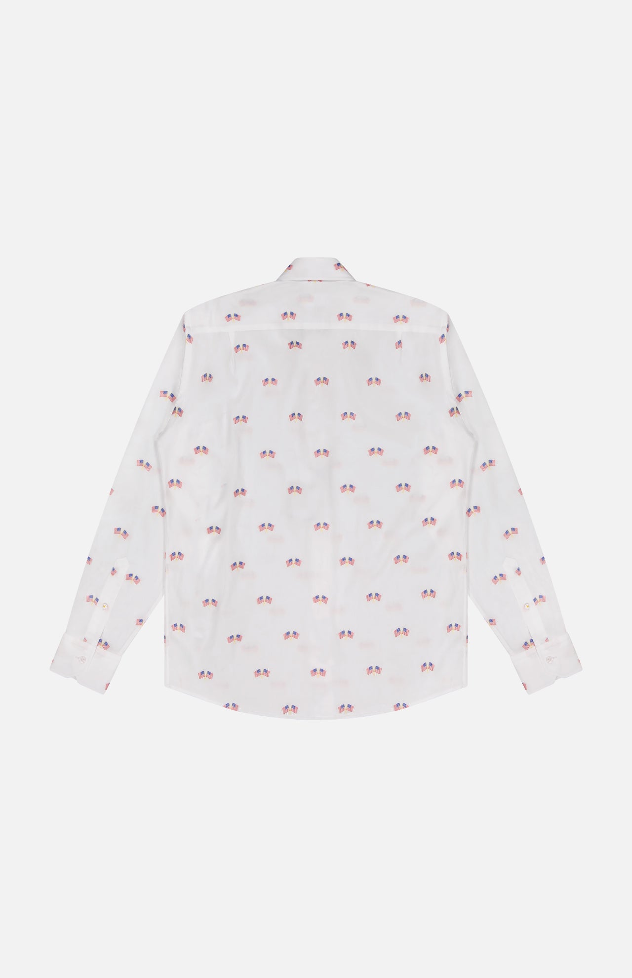 The Reynolds Flag Coupe Twill Dress Shirt by ROBERT TALBOTT is a white, long-sleeve shirt with a fun red and blue sunglasses pattern, echoing an American flag theme—ideal for daily wear. Shown laid flat with the back facing up.