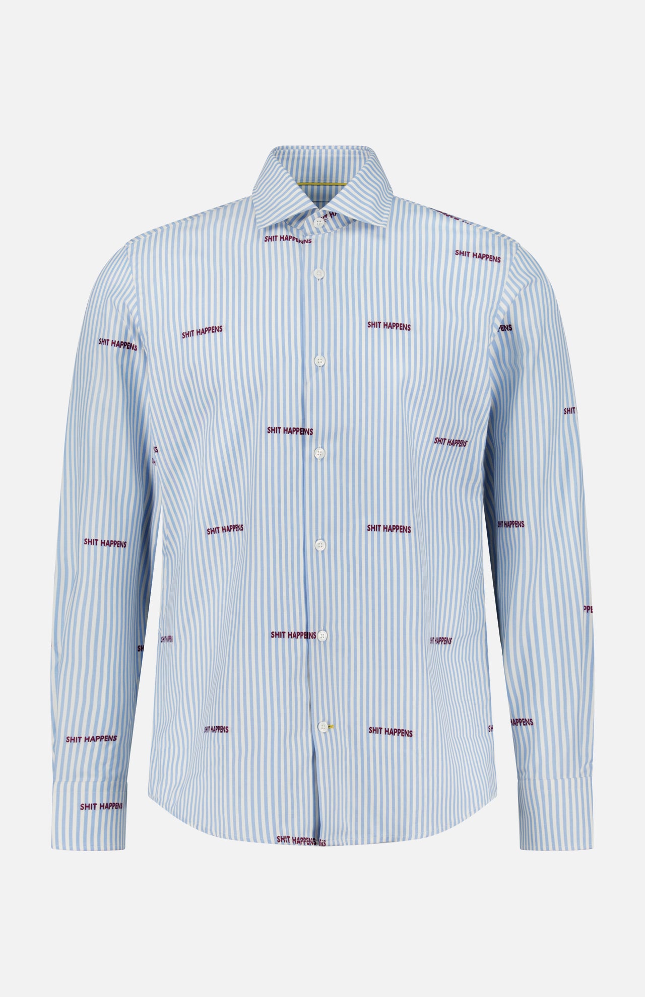 The Reynolds Novelty Embroidery Bengal Dress Shirt by ROBERT TALBOTT is a long-sleeve button-up crafted from premium Italian fabric, featuring striking blue and white vertical stripes with distinctive small red “SHIT HAPPENS” embroidery repeated throughout—a statement piece designed for men’s fashion enthusiasts.