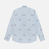 The Reynolds Novelty Embroidery Bengal Dress Shirt by ROBERT TALBOTT features long sleeves, button-up styling, and blue stripes adorned with subtle red rectangular embroidery, expertly crafted from premium Italian fabric. Shown laid flat with the back facing up against a white background, it exemplifies timeless men’s fashion.