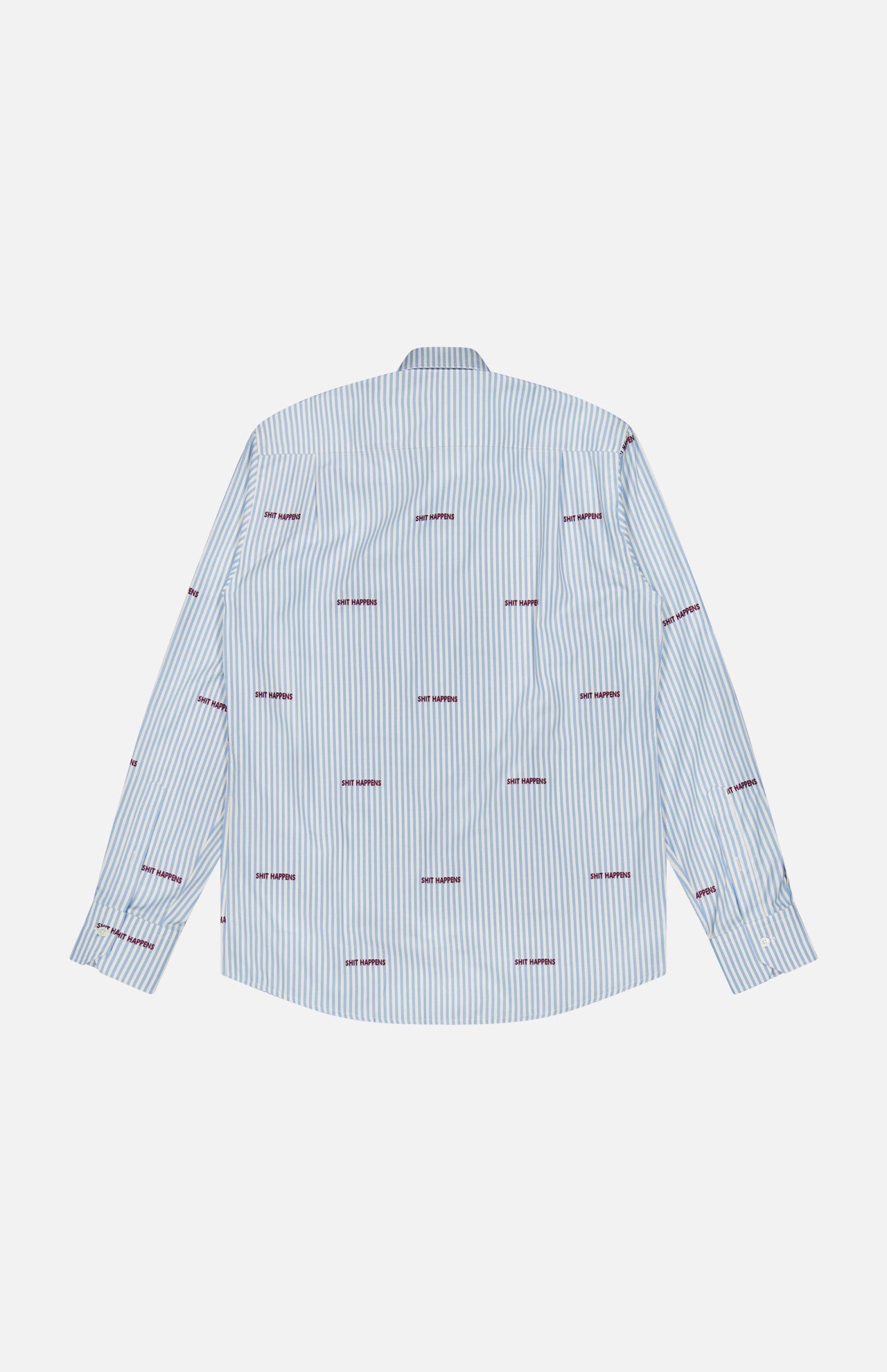 The Reynolds Novelty Embroidery Bengal Dress Shirt by ROBERT TALBOTT features long sleeves, button-up styling, and blue stripes adorned with subtle red rectangular embroidery, expertly crafted from premium Italian fabric. Shown laid flat with the back facing up against a white background, it exemplifies timeless men’s fashion.