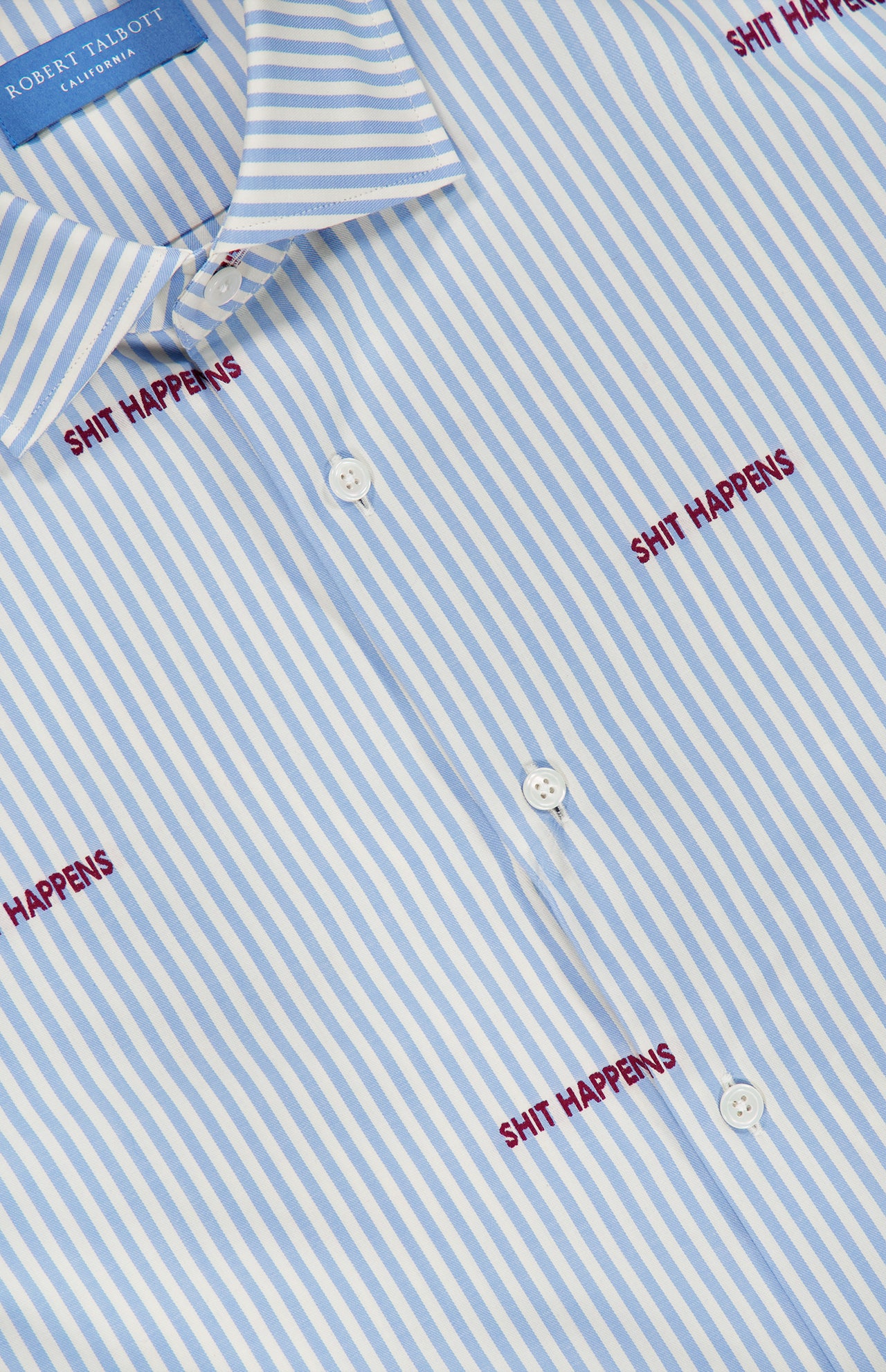 Introducing the Reynolds Novelty Embroidery Bengal Dress Shirt by ROBERT TALBOTT: expertly crafted from premium Italian fabric, this blue and white striped button-up shirt features the phrase “SHIT HAPPENS” repeatedly embroidered in bold red text—a standout piece in men’s fashion.