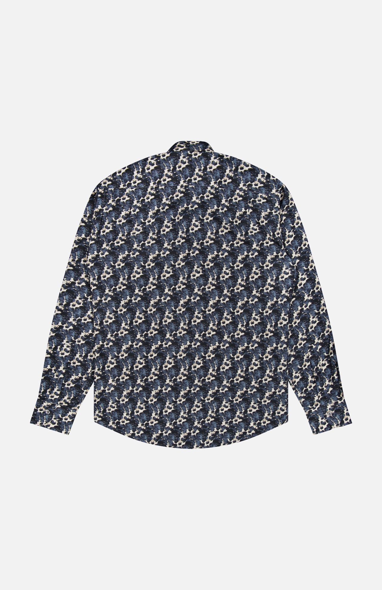 The Reynolds Printed Cow Hide Dress Shirt by ROBERT TALBOTT is a long-sleeve button-up crafted from an Italian silk cotton-blend, featuring an all-over navy blue, white, and beige floral pattern. It is shown from the back against a white background.
