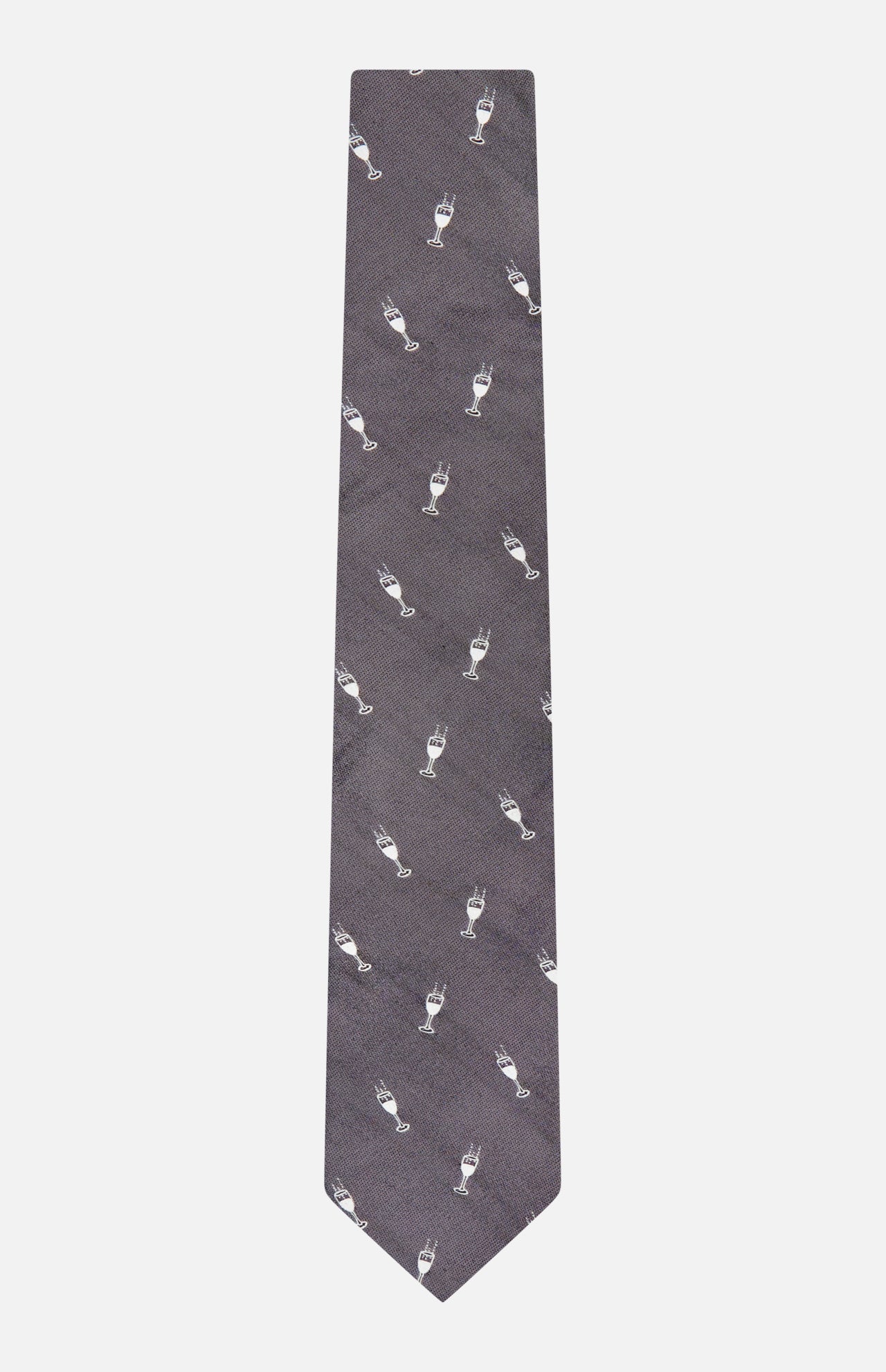 Introducing the Robert Champagne Glass Tie by ROBERT TALBOTT—this dark grey silk tie showcases a repeating pattern of small, white champagne glasses and is presented against a plain white background.