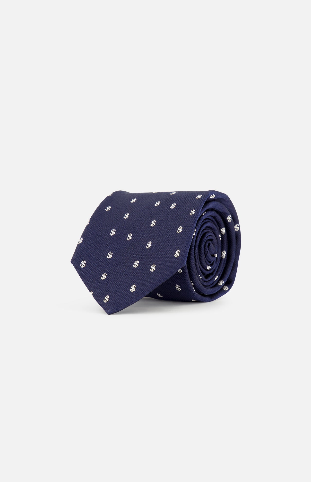 A rolled-up ROBERT TALBOTT Robert Dollar Signs Tie in navy blue silk, adorned with a pattern of small white dollar signs, placed on a plain white background.