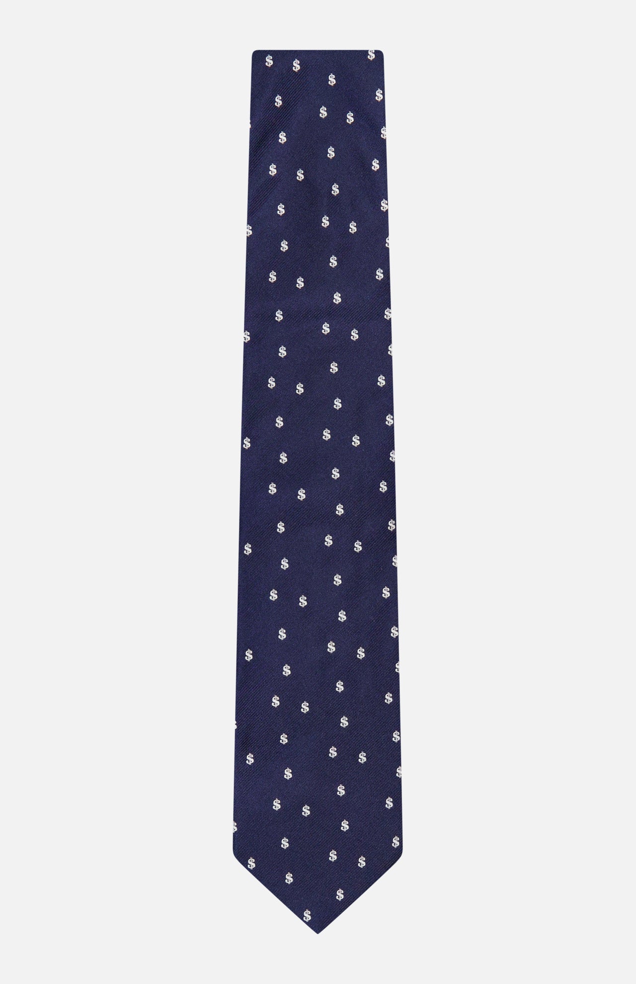 The ROBERT TALBOTT Robert Dollar Signs Tie, featuring a navy silk fabric with evenly spaced small white dollar signs in a repeating pattern, is showcased on a plain white background.