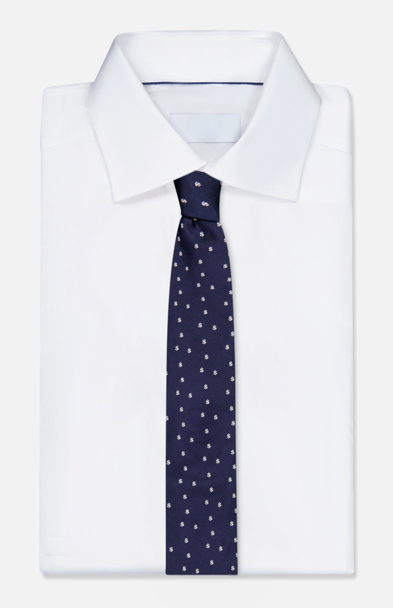 A neatly folded white dress shirt with a wide collar, paired with the ROBERT TALBOTT Robert Dollar Signs Tie—a classic navy silk tie adorned with a subtle white polka dot pattern—displayed against a plain white background.