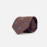 A rolled-up ROBERT TALBOTT Robert Fishing Flies Tie in brown silk, featuring small, colorful embroidered fishing lure designs, displayed on a plain white background.