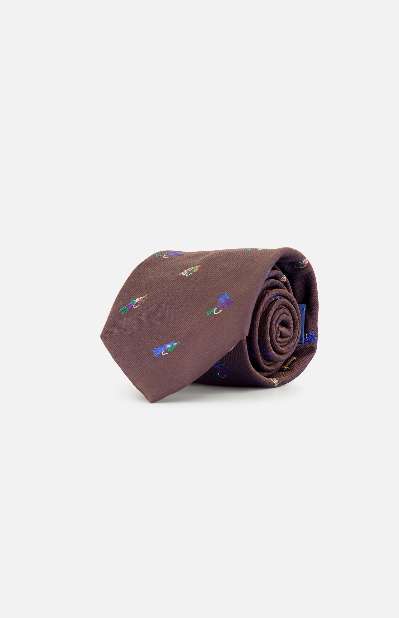 A rolled-up ROBERT TALBOTT Robert Fishing Flies Tie in brown silk, featuring small, colorful embroidered fishing lure designs, displayed on a plain white background.