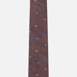 The ROBERT TALBOTT Robert Fishing Flies Tie is a brown silk necktie adorned with a pattern of vibrant fishing flies scattered across its surface, shown against a plain white background—an elegant men’s accessory ideal for any occasion.